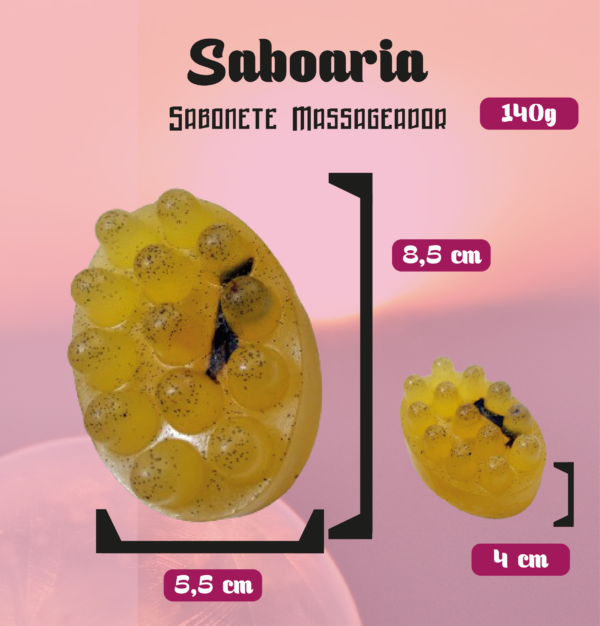 Formatos peso e medidas do sabonete massageador aromatico de Baunilha com fava da baunilha amarelo